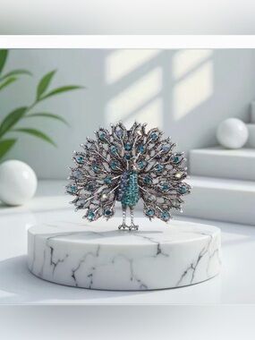 Peacock Rhinestone Encrusted Brooch Modern New Silver Tone